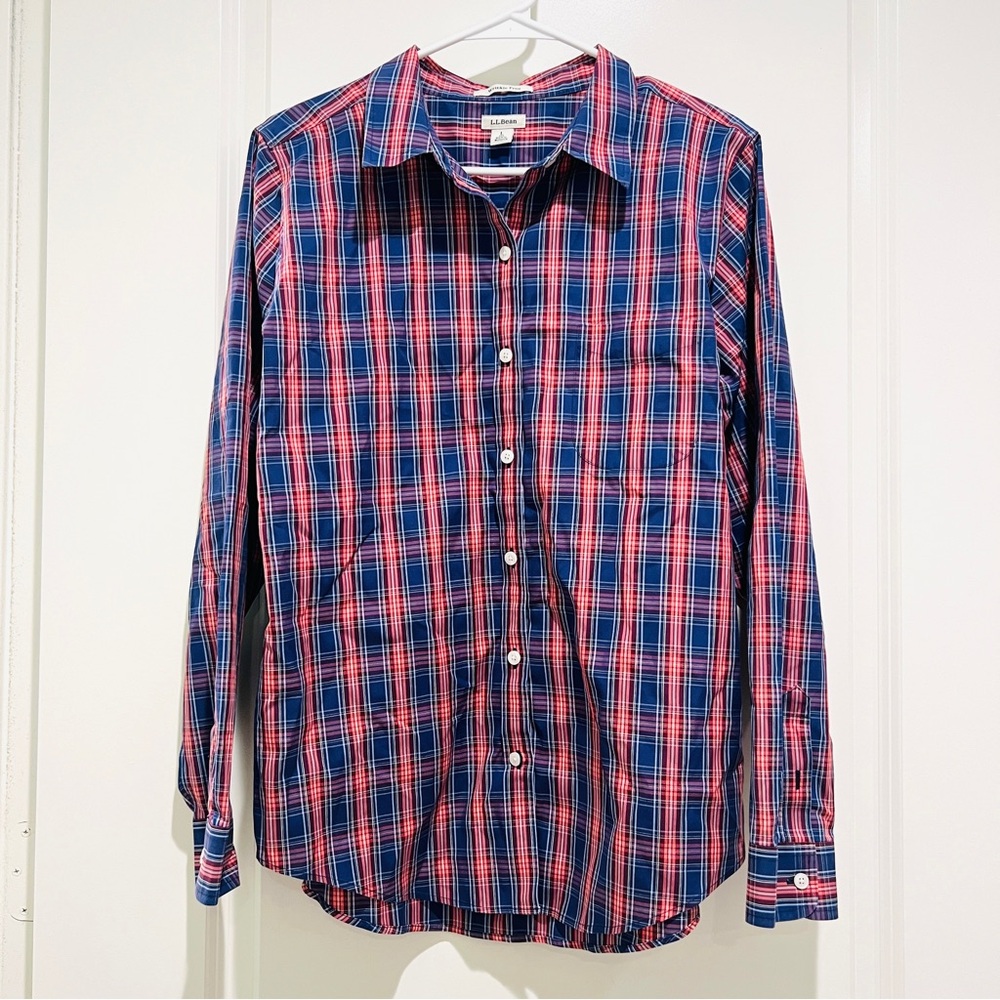 LL Bean Men Long sleeve red blue Plaid Button Up Shirt Wrinkle-Free size Large